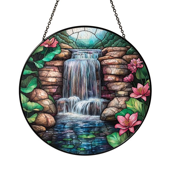 Waterfall Forest Scene Stained Glass Style Suncatcher – Window Decor
