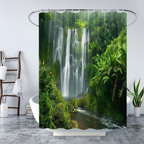 Waterfall Forest Shower Curtain Nature Green Tree Forest Tropical Rainforest Jungle Waterfall Scenery Landscape Bathroom Decor Fabric Curtain with Hook-72"W x 72"L (Pack of 1)
