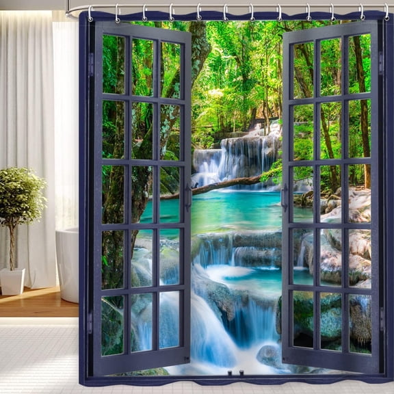 Waterfall Forest Shower Curtain Waterfall Outside Window Scenery 3D Landscape for Bathroom Spring Nature Rainforest Green Tree Seasonal Decor Waterproof 72x84 in with 12 Hooks