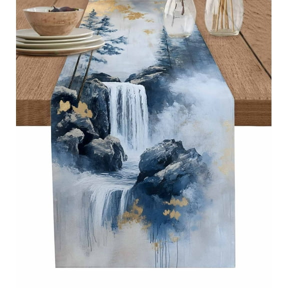 Waterfall Forest Table Runner-Cotton Linen- 90 Inch Holiday Dresser Scarves, Chinese Mountain Nature Tree Retro Tablerunner for Kitchen Coffee/Dining Bedroom Home Living Room Dinner Scarf Décor 13x90