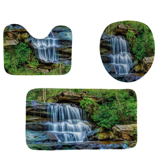Waterfall Forest Waterproof Shower Curtain Sets Scenery Polyester Bath Curtains Natural Landscape Bathroom Mat Rugs Toilet Cover