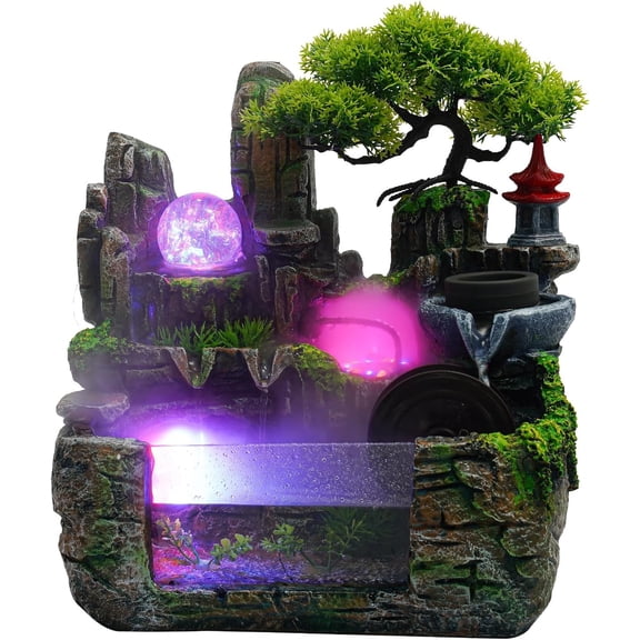Waterfall Fountain Indoor Mini Waterfall with Led Lights & Atomizer Indoor Fountains and Waterfalls Table Top Water Fountain for Office, Home, Bedroom Desk Decor (Fish-Tank Rockery)
