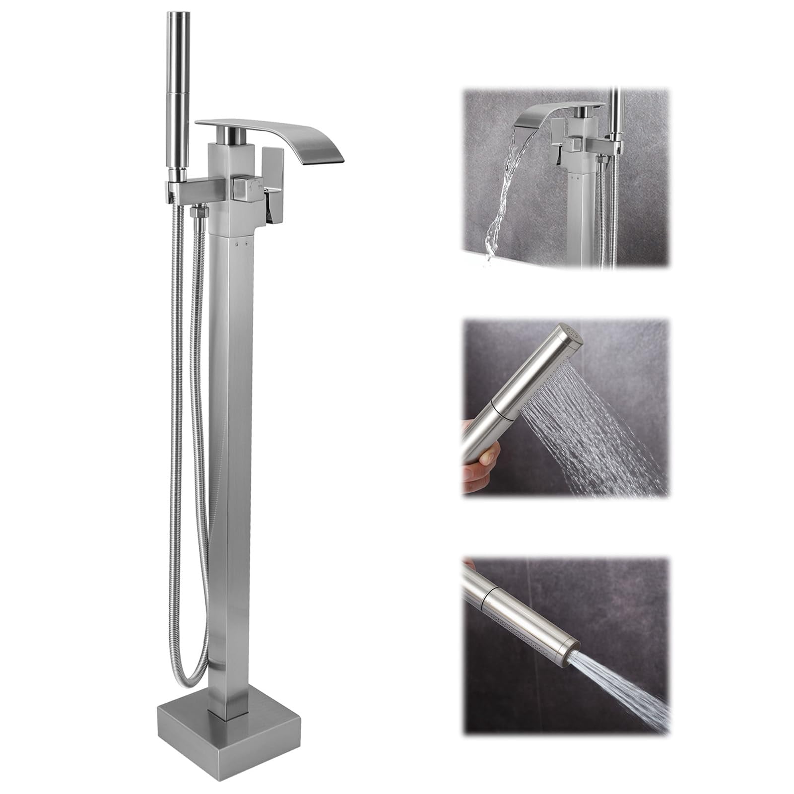 Waterfall Freestanding Bathtub Faucet Brushed Nickel Floor Mount Tub Filler with Handheld Sprayer