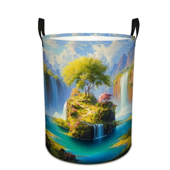 Waterfall Garden Print Laundry Basket  Storage Bin  Foldable Large Capacity Round Hamper for Bedroom Laundry Room Dorm