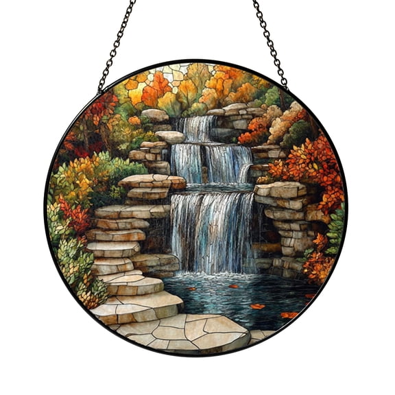 Waterfall Garden Stained Glass Suncatcher Zen Nature Landscape Window Hanging Relaxation Meditation Home Decor
