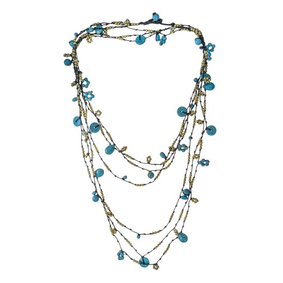 Waterfall Handmade Long Blue TQ Brass Layer Multi-Strand Statement Necklace