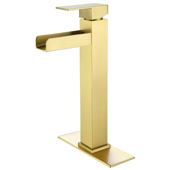 Waterfall High Arc Vessel Sink Faucet with 6-inch Cover Plate, Deck Mounted Single Handle Bathroom Sink Faucet in Brushed Gold
