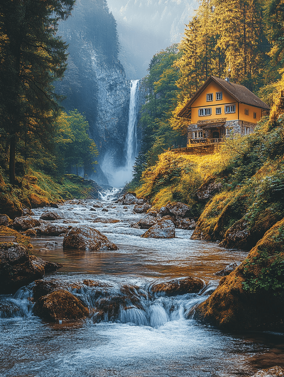 Waterfall House Canvas Painting/Wall Art Suitable for Living RoomBedroomBathroomHotel Decoration