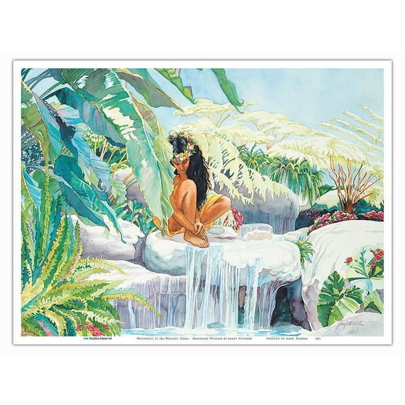 Waterfall II (Ka Wailele ʻElua) - Hawaiian Woman - From an Original Watercolor Painting by Janet Stewart - Master Art Print (Unframed) 9in x 12in