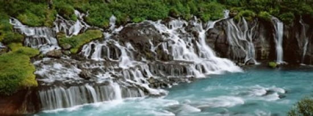 Waterfall In A Forest Hraunfoss Waterfall Iceland Canvas Art - Panoramic Images (18 x 7)
