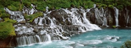 Waterfall In A Forest Hraunfoss Waterfall Iceland Canvas Art - Panoramic Images (36 x 13)