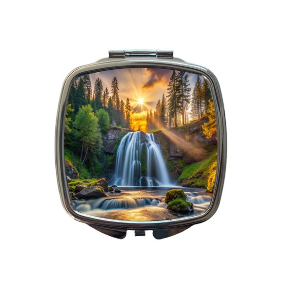 Waterfall In The Forest At Sunset Travel Makeup Handbag Purse Small Pocket Compact Mirror