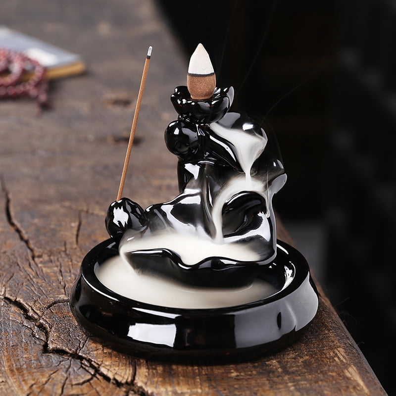 Waterfall Incense Burner, Lotus Backflow Incense Holder Ceramic Censer Cones Sticks Porcelain Holder with 10 Free Mixed Aromatherapy Cones
