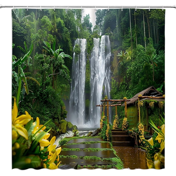 Waterfall Jungle Shower Curtain Tropical Rainforest Green Plants Stone Mossy Summer Nature Scenery Polyester Fabric Bathroom Decor Set with Hooks-36"W x 72"L (Pack of 1)