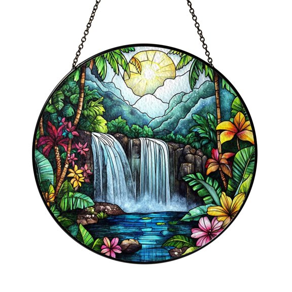 Waterfall Jungle Stained Glass Suncatcher, Tropical Landscape Window Hanging Art with Floral Elements, Round Decorative Glass Panel for Calming Nature Home Decor Gift
