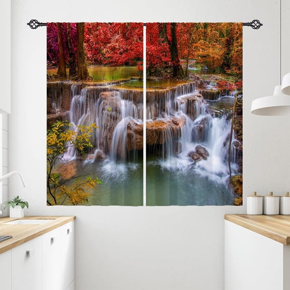 Waterfall Kitchen Curtains - Nature Landscape Theme Autumn Forest Waterfall Scenery Scene Print Pattern Rod Pocket Waterproof Window Drapes for Bathroom Bedroom Office 2 Panels 26 x 36 Inch
