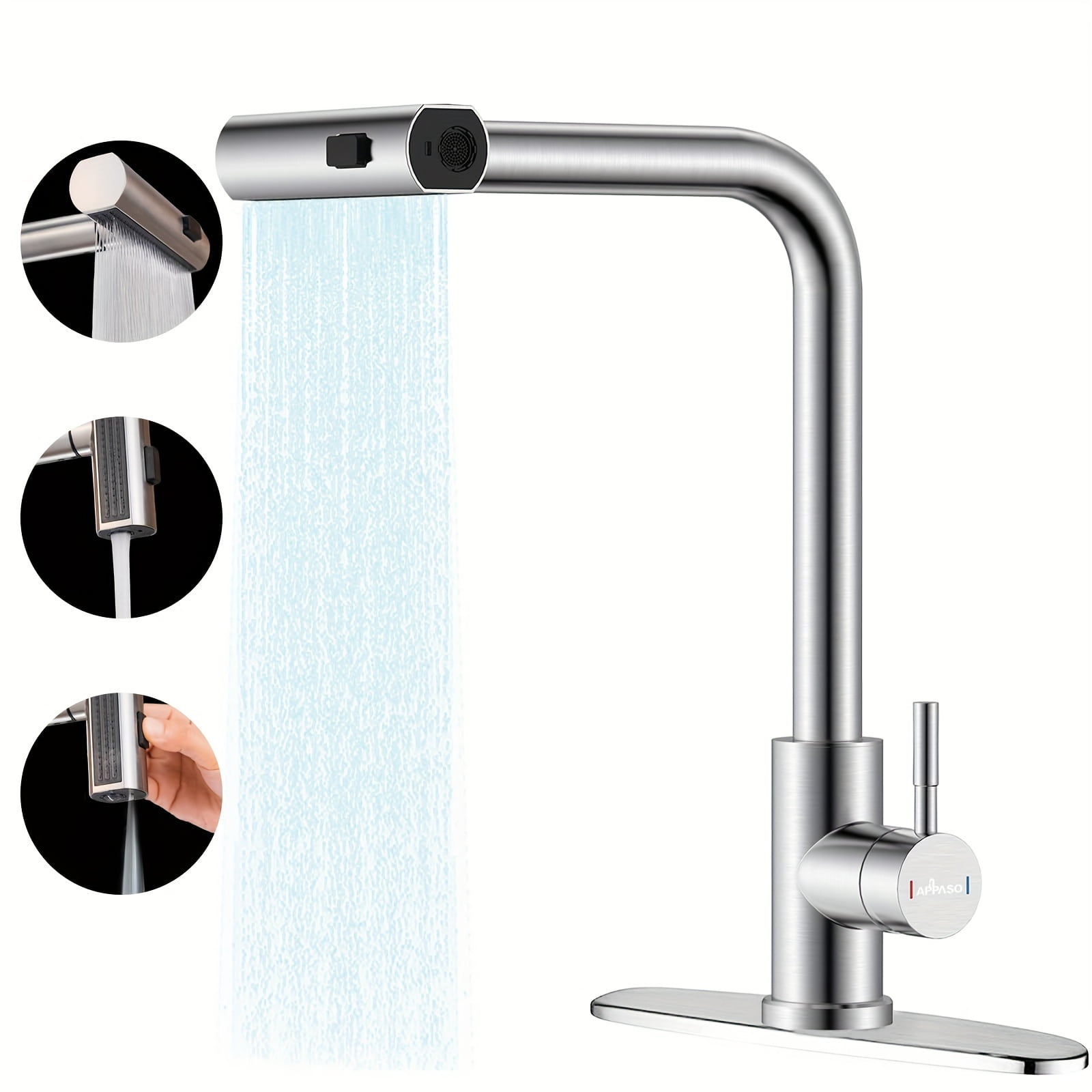 Waterfall Kitchen Faucet with Pull-Out Sprayer, Brushed Nickel Kitchen Faucet with Sprayer 3-Mode, SUS304 Stainless Steel 360 Swivel Kitchen Sink Faucet, High Arc Single Hole Sink Faucet