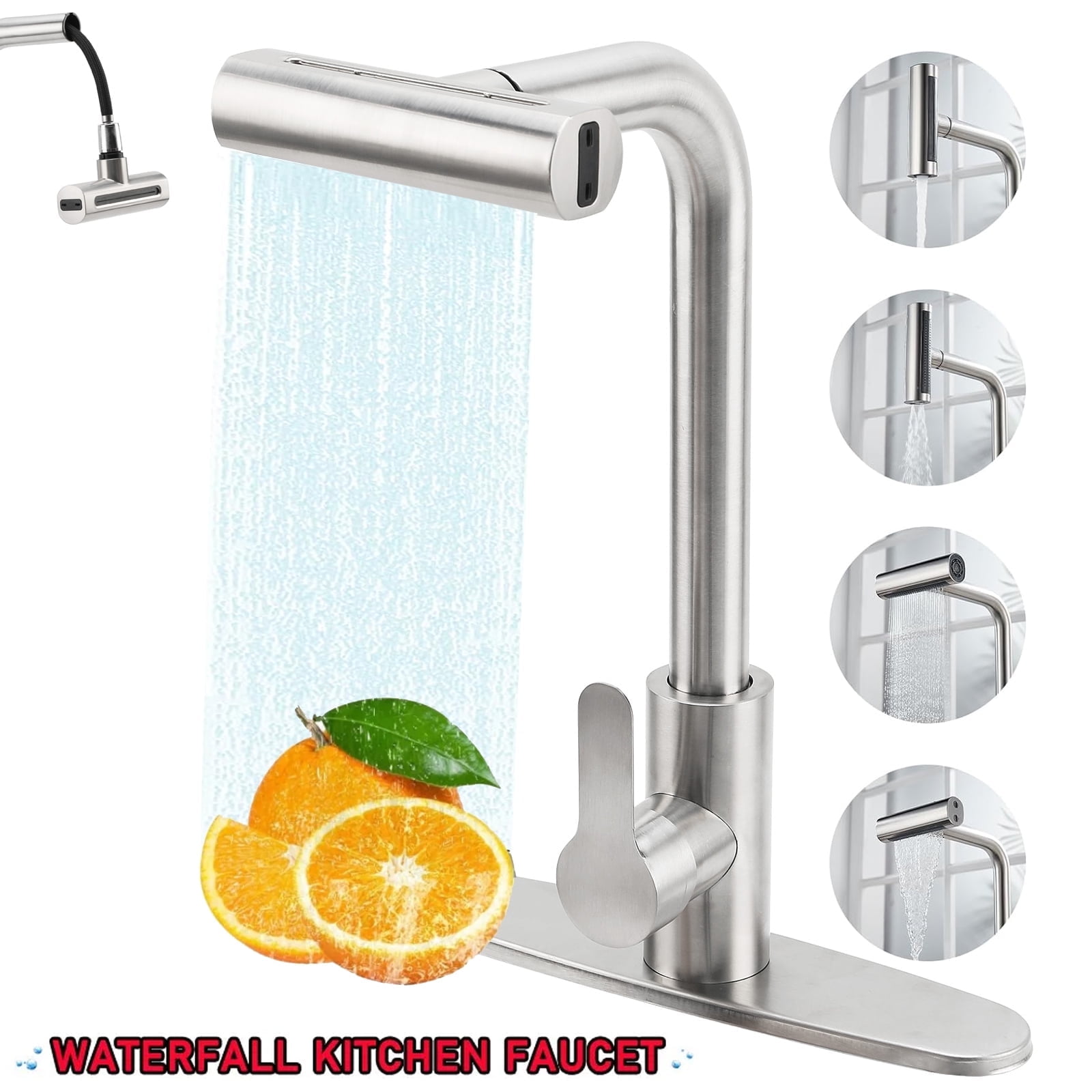 FAMKIT Kitchen Faucet, Waterfall Kitchen Sink Faucet with Pull Down Sprayer, 4 Modes & 360 Rotatable Stainless Steel Single Handle Sink Mixer Taps, for Kitchen Sink, Bar, Laundry, Rv