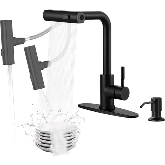 Waterfall Kitchen Faucet with Soap Dispenser: Black Kitchen Faucet with Pull Down Sprayer 3 Modes(Waterfall/Stream/Sweep), Stainless Steel Kitchen Faucets for Sink with Deck-Plate