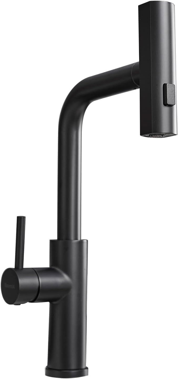 Waterfall Kitchen Faucets, Matte Black Kitchen Faucet with Pull Down Sprayer, Modern Single ...
