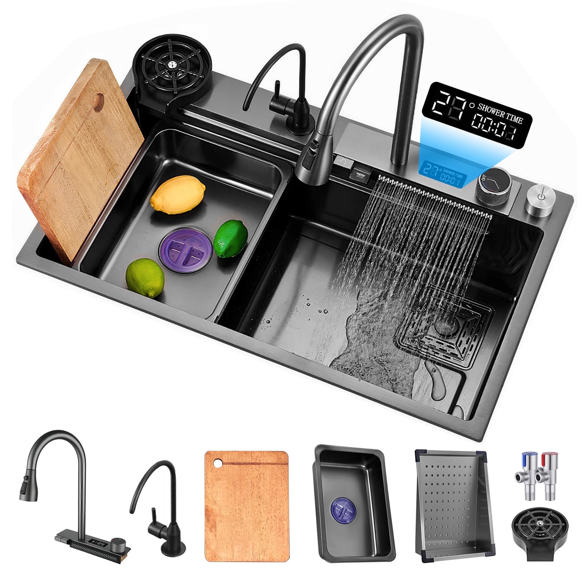 Waterfall Kitchen Sink, 26.77" Single Bowl Drop In Kitchen Sink with Pull-Out Faucet, Thickened Stainless Steel Digital Display Kitchen Sink, Black