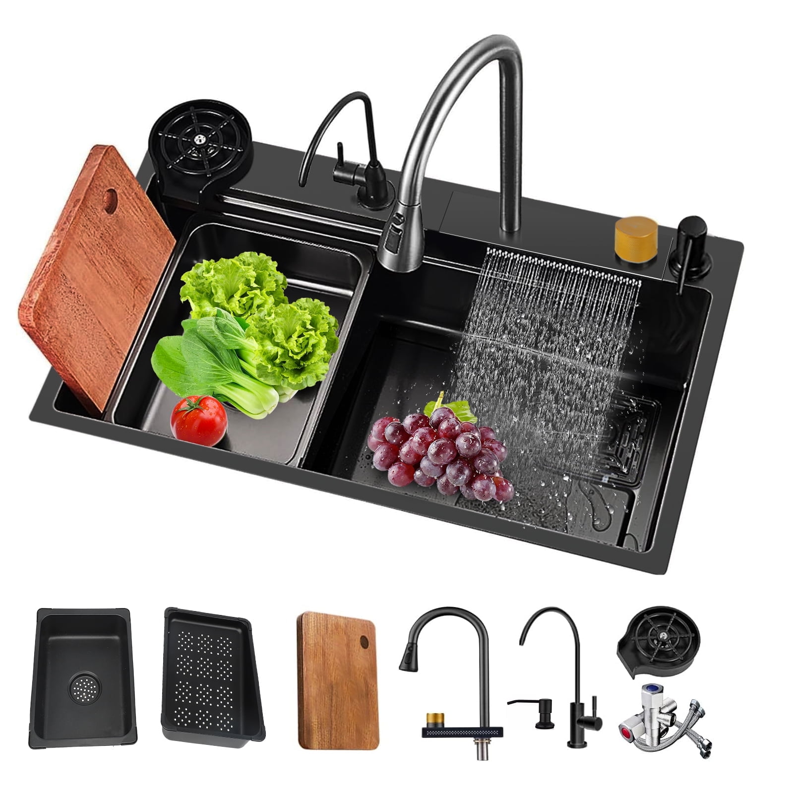 Waterfall Kitchen Sink, Single Bowl Drop in Kitchen Sink with Pull-Out Faucet and Multiple Accessories - 31.5×17.7×8 inch