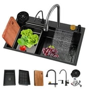 Waterfall Kitchen Sink, Single Bowl Drop in Kitchen Sink with Pull-Out Faucet and Multiple Accessories - 31.5×17.7×8 inch