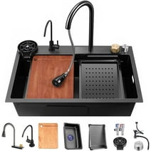 Waterfall Kitchen Sink, Single Bowl Drop in Kitchen Sink with Pull-Out Faucet and Multiple Accessories (31.5×18.1×8.7 inch)