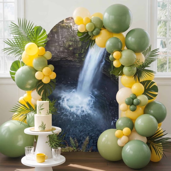 Waterfall Landscape Arch Backdrop Cover, 5FT, Country Nature Rock Leaf Water Spray Spandex Arch Covers Double-Sided Backdrop for Wedding Birthday Party Photo Background Decoration