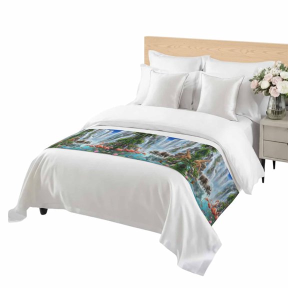Waterfall Landscape Bed Runner for Twin Size Bed, Tropical Forest Elephants Birds Giraffe Lotus Soft Bedding Scarf Bedding Protector Slipcover Sofa Throw for Bedroom Hotel Guesthouse