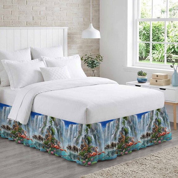Waterfall Landscape Bed Skirt Queen Size 16 Inch Drop, Tropical Forest Elephants Birds Giraffe Lotus Adjustable Elastic Dust Ruffles Bedskirt for Queen Bed Wrap Around Pleated Mattress Frame Cover