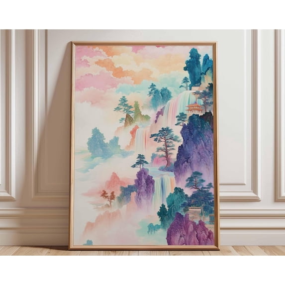 Waterfall Landscape Colorful Asian Inspired Tranquil Mountain Pink Purple Wall Art Print, Unframed Paper Poster 8x10in