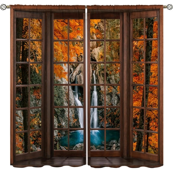 Waterfall Landscape Curtains, Autumn Harvest Fall Farm Maple Leaf Scenery Window Treatments for Living Room Kitchen Bedroom Home Drapes, 84x84 Inch, 2 Panels
