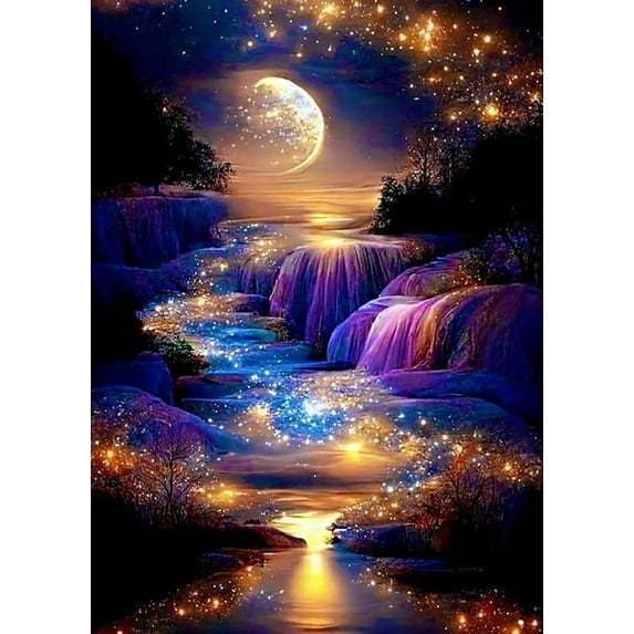 Waterfall Landscape Diamond Art Kits For Adults Beginners, DIY Moonlight Diamond Painting Kits, 5D Full Drill Diamond Dots With Diamond Gem Art And Crafts For Home Wall Decor 12x16inch