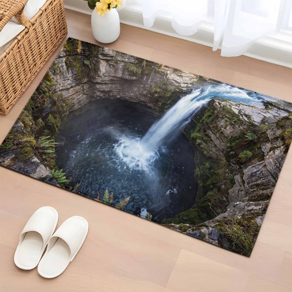 Waterfall Landscape Entryway Rug 2'x3' Country Nature Rock Leaf Water Spray Small Area Rug Non-Slip Front Door Mat Washable Floor Carpet for Indoor Entrance Kitchen Bathroom