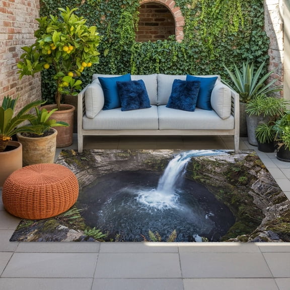Waterfall Landscape Indoor Outdoor Rugs 3x5 Ft, Country Nature Rock Leaf Water Spray Outdoor Patio Rugs Mat Washable Outside Area Rugs Carpet for Porch Deck RV Camping Pool Balcony Backyard