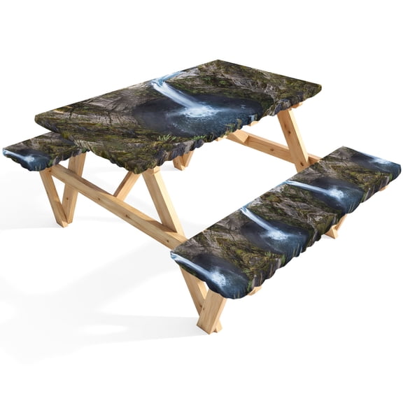 Waterfall Landscape Picnic Table Cover with Bench Covers Country Nature Rock Leaf Water Spray Waterproof Fitted Picnic Tablecloth 3 Pieces Set Table Cloth for Outdoor Camping Garden BBQ