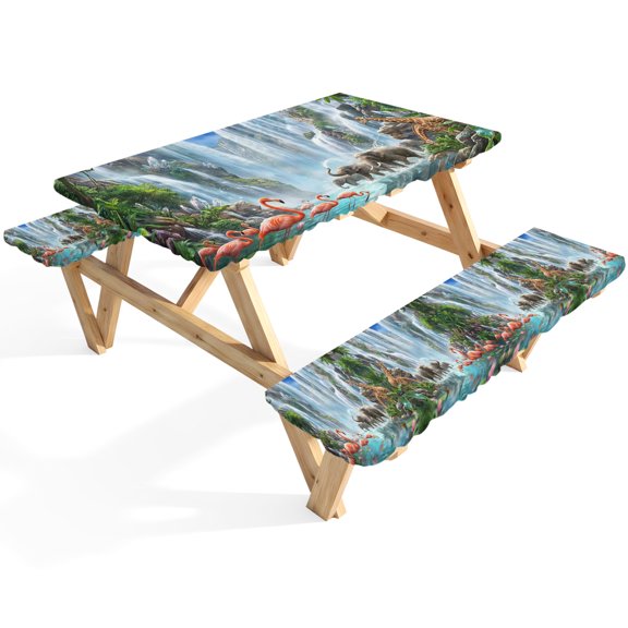 Waterfall Landscape Picnic Table Cover with Bench Covers Tropical Forest Elephants Birds Giraffe Lotus Waterproof Fitted Picnic Tablecloth 3 Pieces Set Table Cloth for Outdoor Camping Garden BBQ
