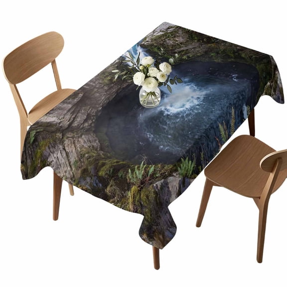 Waterfall Landscape Rectangle Tablecloth Country Nature Rock Leaf Water Spray Waterproof Wrinkle Free Soft Table Cloth Spill-Proof Washable Table Cover for Dining Party Picnic 60 x 102 Inch