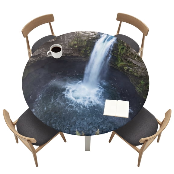 Waterfall Landscape Round Fitted Table Cover Country Nature Rock Leaf Water Spray Waterproof Table Cloth with Elastic Edge Wipeable Tablecloth for Picnic Camping Party Fits 55"-60" Tables