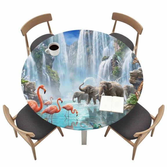 Waterfall Landscape Round Fitted Table Cover Tropical Forest Elephants Birds Giraffe Lotus Waterproof Table Cloth with Elastic Edge Wipeable Tablecloth for Picnic Camping Party Fits 55"-60" Tables