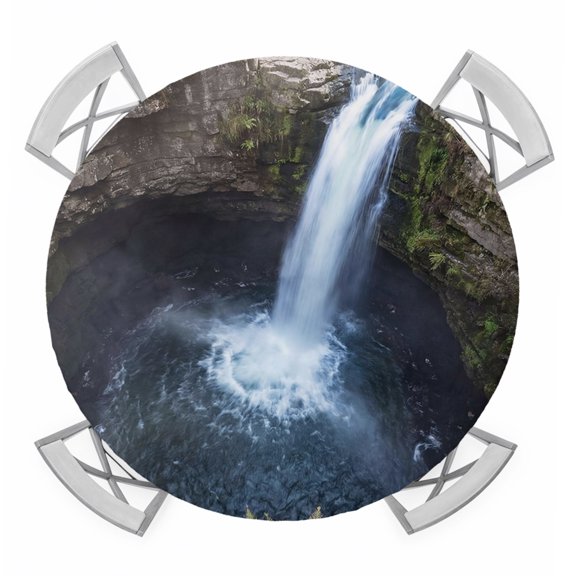 Waterfall Landscape Round Table Cover, Country Nature Rock Leaf Water Spray Waterproof Fitted Tablecloths for 45"-54" Tables, Washable Picnic Table Cover for Camping Dining Indoor Outdoor