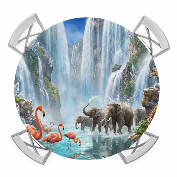 Waterfall Landscape Round Table Cover, Tropical Forest Elephants Birds Giraffe Lotus Waterproof Fitted Tablecloths for 36"-44" Tables, Washable Picnic Table Cover for Camping Dining Indoor Outdoor