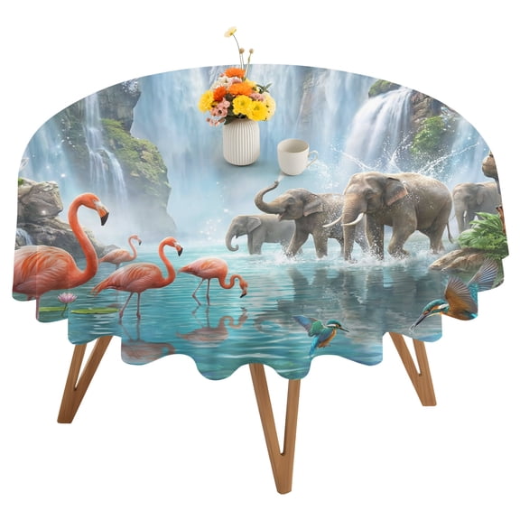 Waterfall Landscape Round Tablecloth 60 inches Tropical Forest Elephants Birds Giraffe Lotus Waterproof Oil-Proof Table Cloth Round Table Cover for Holiday Party Picnic Dinner Decor Indoor Outdoor