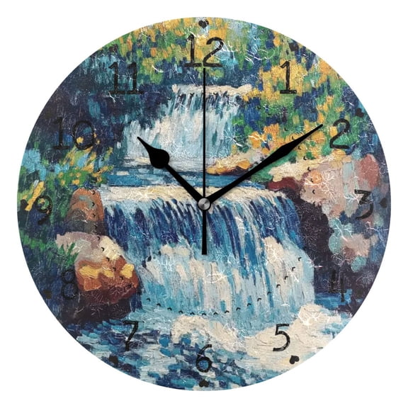 Waterfall Landscape Round Wall Clock Silent Battery Operated Home Decor for Living Room Bedroom