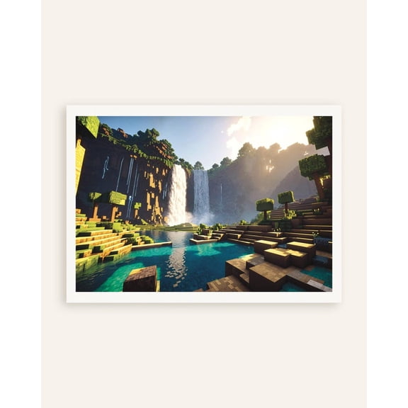 Waterfall Landscape Wall Art Print – Minecraft Pixel Art Poster 12x18 UNFRAMED