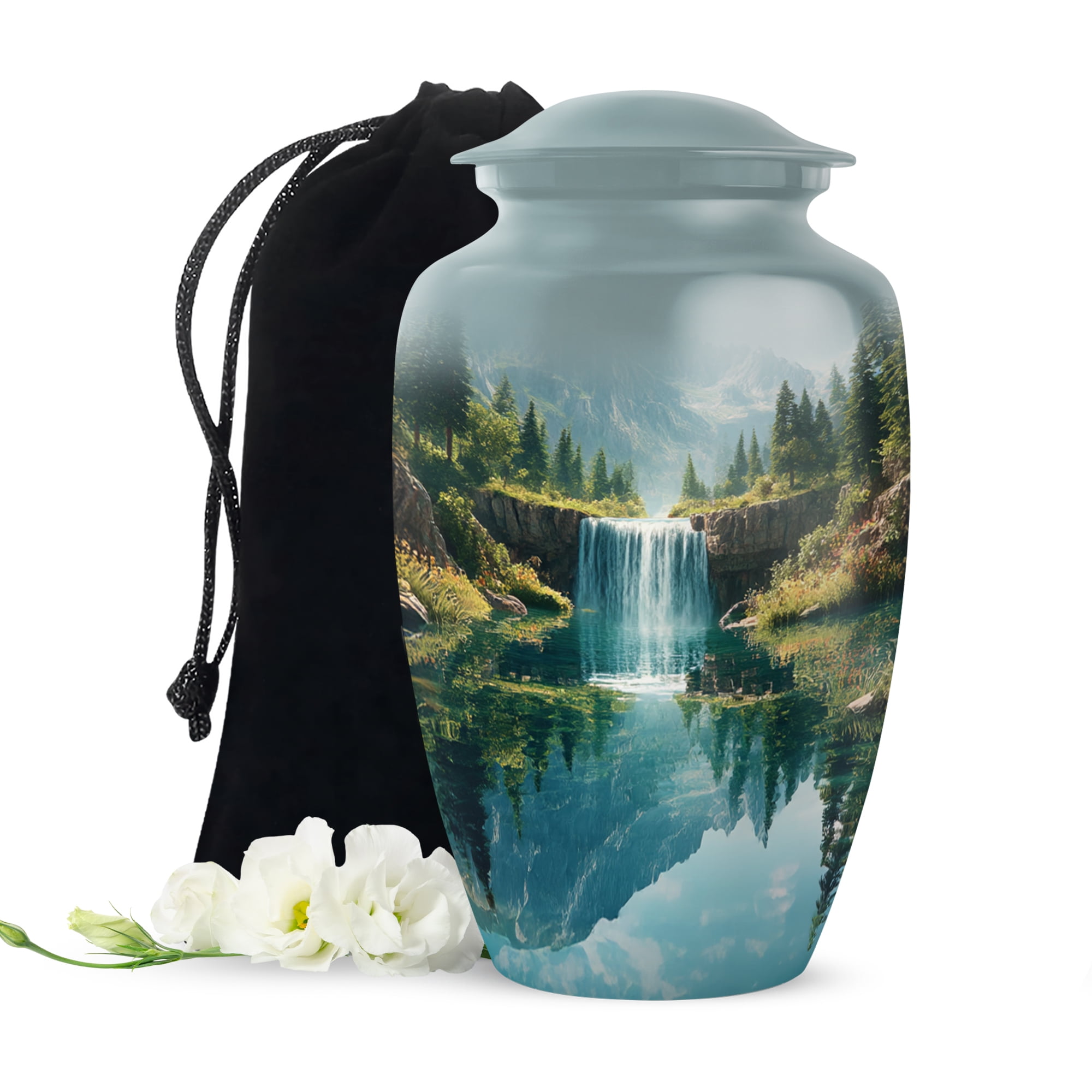 Waterfall Large Decorative Urns For Human Ashes Women, Cremation Urns For Adult Ashes, Blue Urn For Mom And Dad, Funeral Urn For Adults Male And Female, 10 Inch