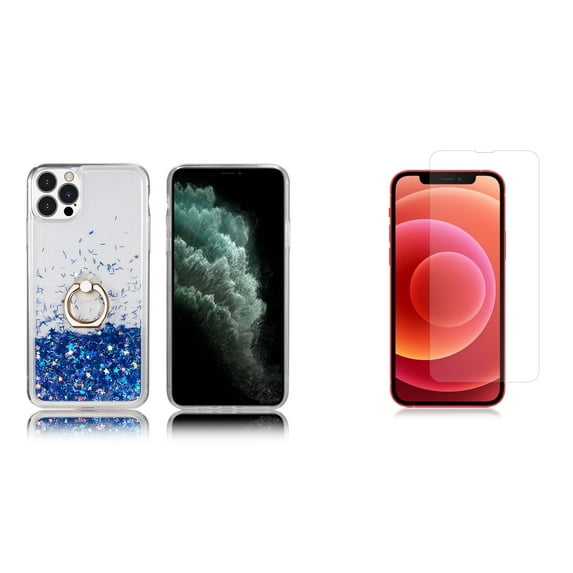 Waterfall Liquid Glitter Stand Case and Glass Screen Protector for iPhone 14 Pro Max - Blue