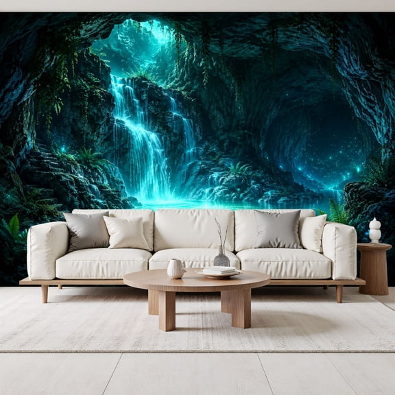 Waterfall Luminous Jungle Cave Peel and Stick Wall Murals 69"H x 96"W Removable PVC Wallpaper Self-Adhesive Wall Paintings for Bedroom Living Room