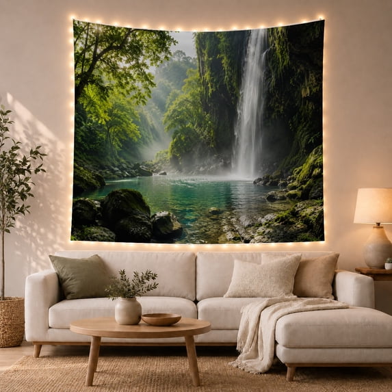 Waterfall in Lush Forest Canyon, Serene Photorealistic for Nature Lovers, Tranquil Wilderness Scenery Art Housewarming Gift Tapestry Wall Hanging for Bedroom and Living Room